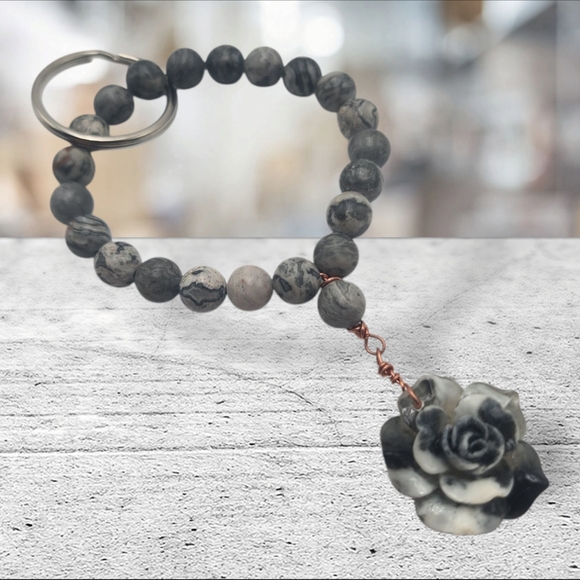 Handmade Black and Gray Beaded Keychain with Rose Charm - Picture 1 of 4
